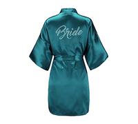 EPLAZA Women's One Size Silver Rhinestones Bride Bridesmaid Short Satin Robes for Wedding Party Getting Ready (Dark green, Bride)