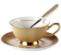 Eplze Bone China Cup and Saucer Set, 6.8oz Coffee Cup for Afternoon Tea- Embossed Texture (Gold)