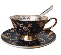 Eplze Bone China Cup& Saucer Set, 6.8oz (Retro Flower Pattern- Dark Blue)