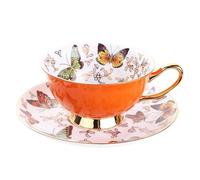 Eplze Euro Style Bone China Cup and Saucer Set, 6.8oz Tea Cup for Home Kitchen - Lots of Butterflies Pattern (Orange)