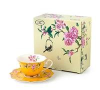Eplze Pink Peony Flowers Ceramic Tea Set, Cup and Saucer Set