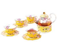 Eplze Pink Peony Flowers Ceramic Tea Set for 4, Glass Teapot and Cup& Saucer