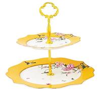 Eplze Pink Peony Flowers Pattern Ceramic Cake Stand, Bone China 2-tier Cake Stand for Afternoon Tea or Home Décor- Yellow (Cake Stand)