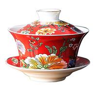 Eplze YBK Tech 10oz Large Gaiwan, Porcelain Kung Fu Tea Cup and Saucer with Lid, Chinese Traditional Gaiwan, Sancai Tea Bowl (Red)