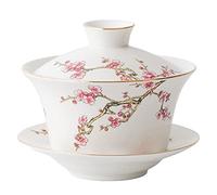 Eplze YBK Tech 10oz Large Gaiwan, Porcelain Kung Fu Tea Cup and Saucer with Lid, Chinese Traditional Gaiwan, Sancai Tea Bowl - Embossed Plum Patterns (White)