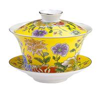 Eplze YBK Tech 10oz Large Gaiwan, Porcelain Kung Fu Tea Cup and Saucer with Lid, Chinese Traditional Gaiwan, Sancai Tea Bowl (Yellow)