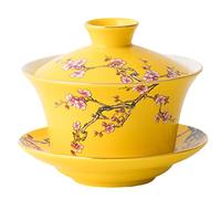 Eplze YBK Tech 10oz Large Gaiwan, Porcelain Kung Fu Tea Cup and Saucer with Lid, Chinese Traditional Gaiwan, Sancai Tea Bowl - Embossed Plum Patterns (Yellow)
