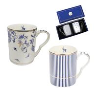 Eplze YBK Tech 2 Sets Bone China Coffee Cups, 13oz Tea Cup - Modern Blue and White Floral Pattern & Stripe Pattern (Tall Cup)