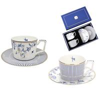 Eplze YBK Tech 2 Sets Bone China Coffee Cups, 7.5oz Cup with Saucer - Modern Blue and White Floral Pattern & Stripe Pattern (Short Cup and Saucer)
