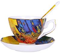 Eplze YBK Tech Bone China Cup and Saucer Set, 7oz Teacup - Design Inspired by Van Gogh's Paintings (Night café)