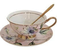 Eplze YBK Tech Bone China Cup& Saucer Set, 200ml Coffee Cup for Breakfast Afternoon Tea- Butterfly and Passionflower (Pink)