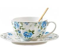 Eplze YBK Tech Ceramic Cup and Saucer Set, 6.8oz Coffee Cup for Afternoon Tea- Country Floral Pattern (Blue)