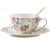 Eplze YBK Tech Ceramic Cup and Saucer Set, 6.8oz Coffee Cup for Afternoon Tea- Country Floral Pattern (Pink)