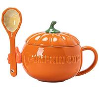 Eplze YBK Tech Cute Pumpkin Cup, Ceramic Coffee Mug Tea Cup with Lid, 8.5oz (Cup+ Spoon+ Silicone Hand (Peel and Stick))