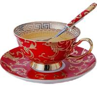 Eplze YBK Tech Euro Style Bone China Cup& Saucer Set, Ceramic Tea Coffee Cup for Home Kitchen Wedding (Retro Flower Pattern- Red)