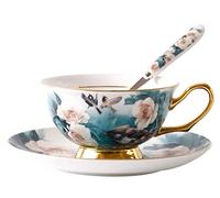 Eplze YBK Tech Euro Style Cup& Saucer Set, Bone China Teacup Coffee Cup for Breakfast Home Kitchen- Birds and Camellia Flowers Patterns (Turquoise)