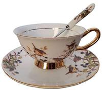 Eplze YBK Tech Euro Style Cup& Saucer Set, Bone China Teacup Coffee Cup for Breakfast Home Kitchen- Birds and Trees Patterns (White)