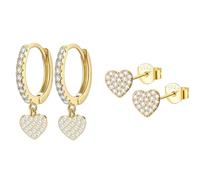Epoch World 2 Pairs 925 Sterling Silver Earrings Heart Studs Gold Hoops Hypoallergenic Cubic Zirconia Gold Stud Earrings Heart Dangle Drop Hoop Small Huggie Sleeper Hoops for Women Girls