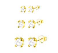 Epoch World 3 Pairs 925 Sterling Silver Pearl Earrings Gold Round Ball Pearls Studs Gold Stud Earrings Hypoallergenic Cartilage Small Tragus Freshwater Cultured Pearl Studs 3 4 5mm for Women Girls