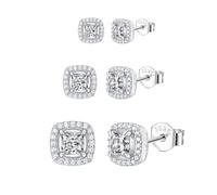 Epoch World 3 Pairs 925 Sterling Silver Stud Earrings for Women Men Square CZ Cubic Zirconia Simulated Diamond Sparkly Studs 925 Silver Earrings Hypoallergenic Cartilage Sleeper Small Studs Jewelry