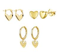 Epoch World 3 Pairs Hypoallergenic Gold Heart Stud Earrings 925 Sterling Silver Earrings Gold Heart Studs Hoops Dangle Drop Hoop Small Huggie Sleeper Hoops for Women Girls