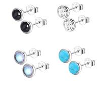 Epoch World 4 Pairs 925 Sterling Silver Stud Earrings for Women Girls Zirconia Moonstone Turquoise Black Onyx Studs Silver Earrings Hypoallergenic Round Small Gemstone Studs Set