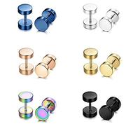 Epoch World 6 Pairs Stainless Steel Round Silver Gold Barbell Plugs Screw Back Studs Earrings Men Women Fake Gauges Earring 8MM