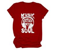 Epokay Music Soothes My Soul -Perfect for Music Lovers T-Shirt,Funny Graphic Casual Comfort Short Sleeve Tops Red