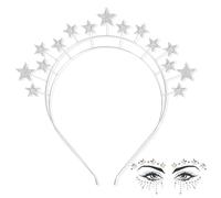 Epokus Star Headband Silver, Double Layer Rhinestone Hair Band with Face Tattoo, Glitter Hair Accessories, Star Headwear, Costume Crystal Headband for Carnival, Wedding, Birthday, New Year Gift