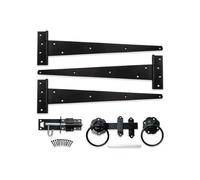 Epoxy Black 18"- 450mm Tee Hinges (3) with Plain Ring Gate Latch and Brenton Bolt Pack - Outdoor Gate Fitting Kit for Hanging Wooden Garden Gates, Shed Doors and Garage Gats