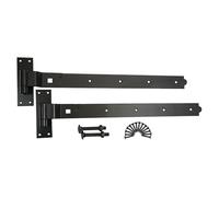 Epoxy Black 24" (600mm) Cranked Hook and Band Hinges Pair - Heavy Duty Garden Gate Fititing Kit Ideal for Wooden Gate, Garage Door Gate