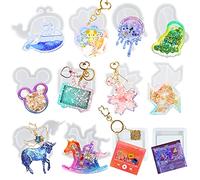 Epoxy Resin Shaker Silicone Moulds Set Mouse Head, Flower, Footprint, Dolphin, Windmill, Unicorn, Bear's Paw, TV, Rocking Horse, Drippy Circle, Media Players 12-Count