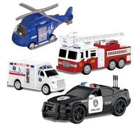 EPPO 4 Packs Fire Truck Toy, Ambulance, Police Car, and Helicopter, Emergency Vehicle Truck Toy Set with Lights and Sounds, Friction Powered Car Toy for Children Age 3+