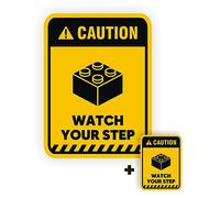 EppoBrand 2pcs Caution Watch Your Step Toy Brick Building Block Funny Vinyl Sticker Door Safety Warning Sign 5" & 2" for your Brick Lego Playroom Wall Door Furniture