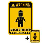 EppoBrand 2pcs Warning Master Builder At Work Toy Buddy Building Block Funny Vinyl Sticker Door Wall Safety Warning Sign 7x5" & 3x2" for your Brick Lego Playroom Wall Door Furniture