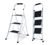 EPROSMIN 3 Step Ladder -Folding Step Ladder, Portable With Anti-Slip Mat & Comfortable Soft Handgrip, Heavy Duty Steel Step Ladder - Easy to Store Step Ladders, 150KG Max Capacity (3 Step - White)