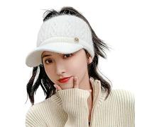 Epsion Knit Beanie Hat for Women High Bun Ponytail Skull Cap Stretch Winter Chunky Warm Visor Brim Crochet Hats, White, One Size