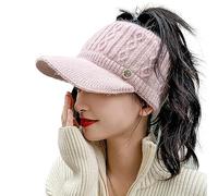 Epsion Knit Beanie Hat for Women High Bun Ponytail Skull Cap Stretch Winter Chunky Warm Visor Brim Crochet Hats, Pink, One Size