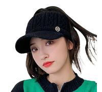 Epsion Knit Beanie Hat for Women High Bun Ponytail Skull Cap Stretch Winter Chunky Warm Visor Brim Crochet Hats, Black, One Size
