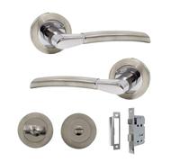 Epsom® Chrome & Satin Duo Lever on Rose Bathroom Door Handle Set with Sash Lock & Thumb Turn - 52mm Round Rose - Satin & Polished Chrome Finish - 1 Pair