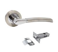 Epsom® Chrome & Satin Duo Lever on Rose Door Handles - 52mm Round Rose - Satin & Polished Chrome Finish - Standard, Latch, Bathroom & Lock Sets - 1, 4 or 6 Pairs (1 Pair Handle Set with Latch)
