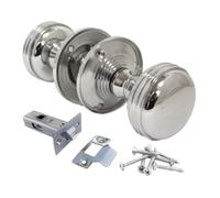 Epsom Door Handle Chrome Polished Round Door Knob Set with Tubular Latch - Heavy Reeded Style Sprung Door Knobs for Internal and External Doors. (Pair of Handles + Tubular Latch)