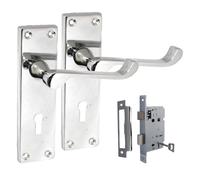 Epsom Door Handle - Chrome Victorian Scroll Design | Backplate 118x42mm or 150x42mm | with/Without 63mm Latch, Bathroom Sash Lock or 3 Lever Lock | Packs of 1, 4 & 6 (1 x Lock Version)
