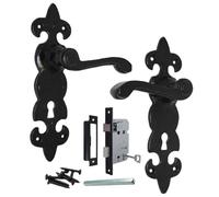 Epsom Door Handle Fleur de LYS Black Wrought Iron Door Handle Range - Traditional Cottage Style | Latch, Lock & Bathroom Options | 1, 4 or 6 Pack (Lock Version)
