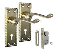 Epsom Door Handle Georgian Style Scroll Brass Door Handles with 3 Lever Sash Lock Internal Lever Handle Set with 150mm X 42mm Backplate (1 Pair)