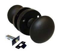 Epsom Door Handle Matt Black Round Door Knob Set - Victorian Style Sprung Internal and External Door Knobs for Mortice Locks and Tubular Latches (Pair of Knobs + Tubular Latch)