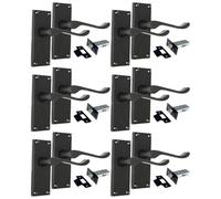 Epsom Door Handle Matt Black Scroll Door Handle Set - Victorian Style Internal and External Lever Door Handles with Backplate (6 Pair of Handles + Tubular Latch)