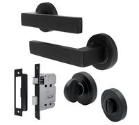 Epsom Door Handle Modern Black Bathroom Lever Rose Door Handle with Thumb Turn & Bathroom Sash Lock - 122mm Handle, 52mm Rose - Complete Privacy Set