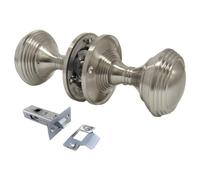 Epsom Door Handle Queen Anne Reeded Mortice Door Knobs - Pair Round Satin Chrome Interior Knobs with 64mm Rose and 58mm Knob Includes 63mm Tubular Latches