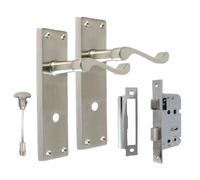 Epsom Door Handle Satin Bathroom Door Handle with Privacy Lock Set and 3 Lever Sash Lock - Victorian Style Internal Thumb Turn Latch for Interior Doors Satin Nickel Door Handles Back Plate 150 x 42mm